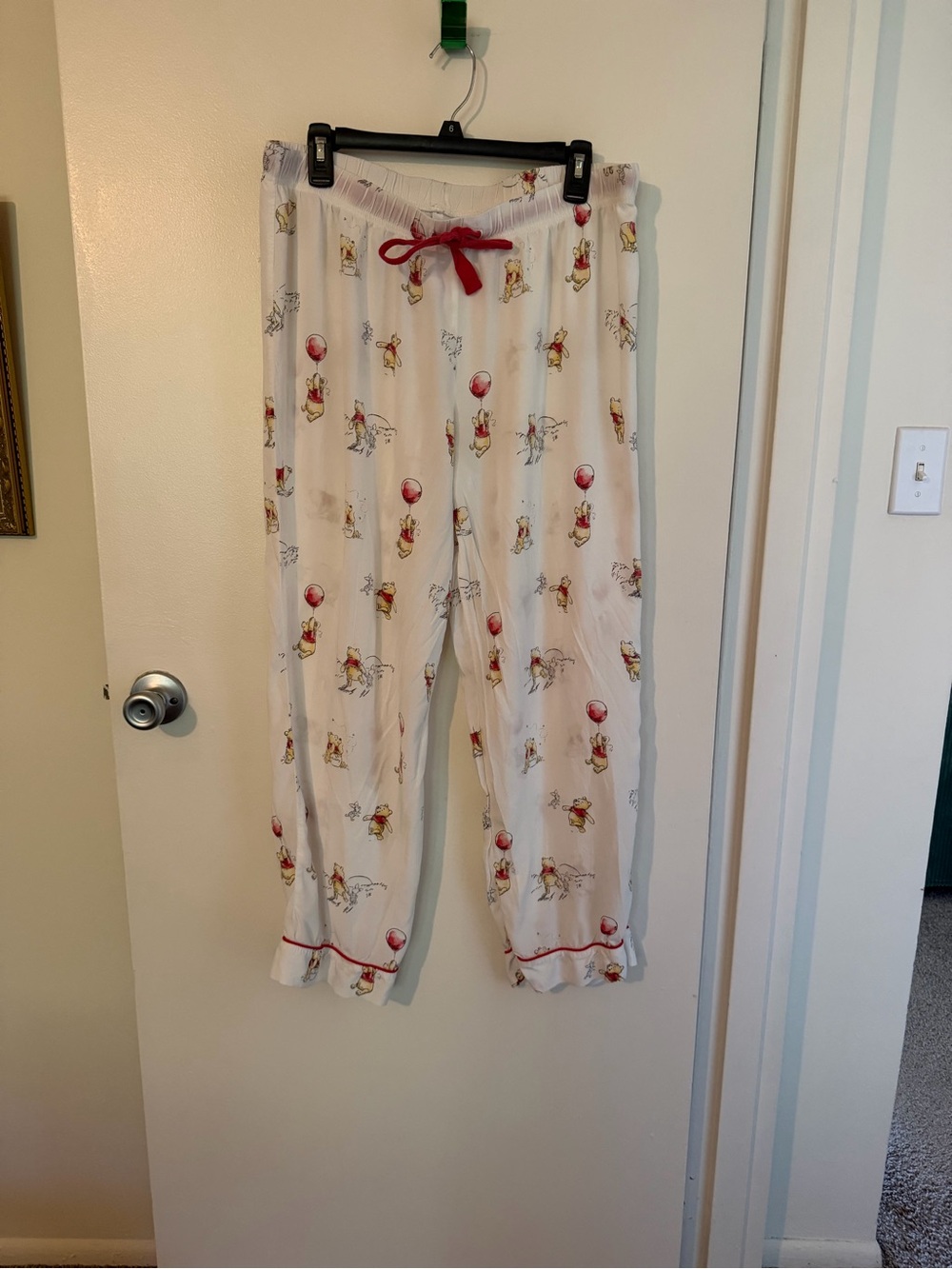 White Winnie the Pooh Pajama Pants with Red Trim and Drawstring